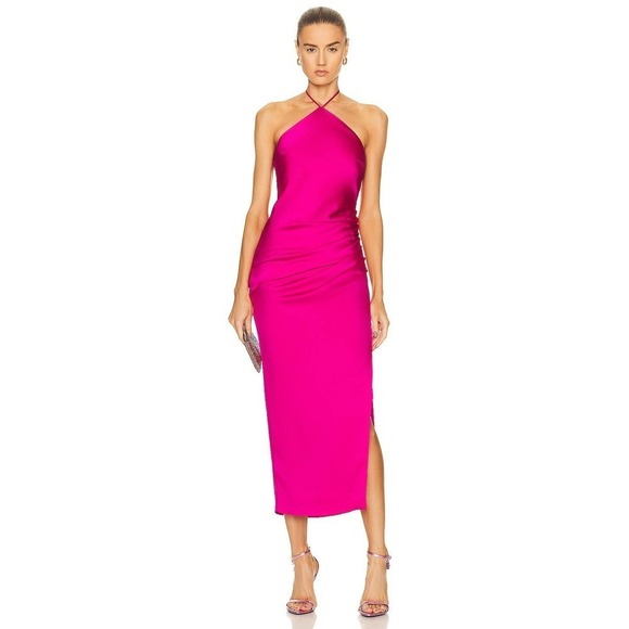Jonathan Simkhai Hansel Halter Neck Satin Gown in Bougainvillea Size 10 NWT - Picture 1 of 12